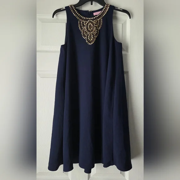 Lilly Pulitzer Navy Blue Embellished Neckline A-Line Trapeze Dress XS. Like new. - Picture 2 of 12